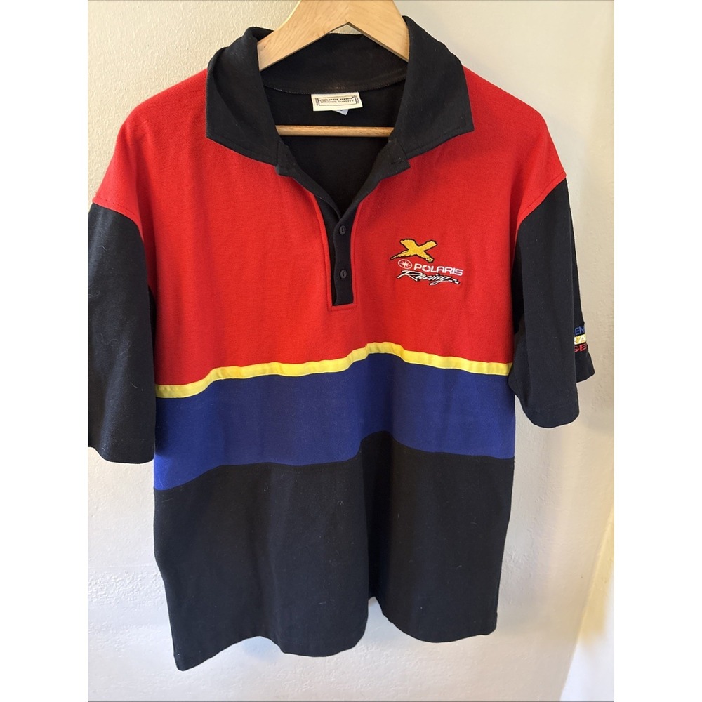 vtg POLARIS X RACING Polo Shirt XXL 90s Genuine Race Gear Color Block Stripes